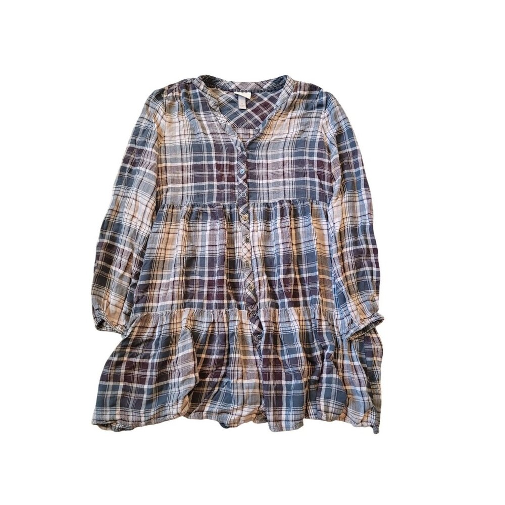 Knox Rose Women's Size S Waffleknit Plaid Babydoll Mini‎ Dress Button Down